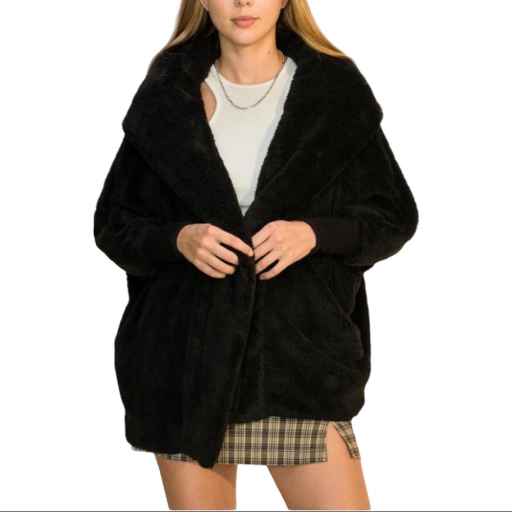 Hooded Open Front Fluffy Teddy Coat. Size S and M